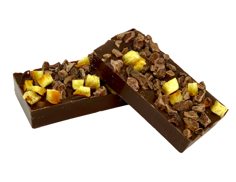 Dark Chocolate Mini Bars 55%                       Cacao Nibs & Orange Peel